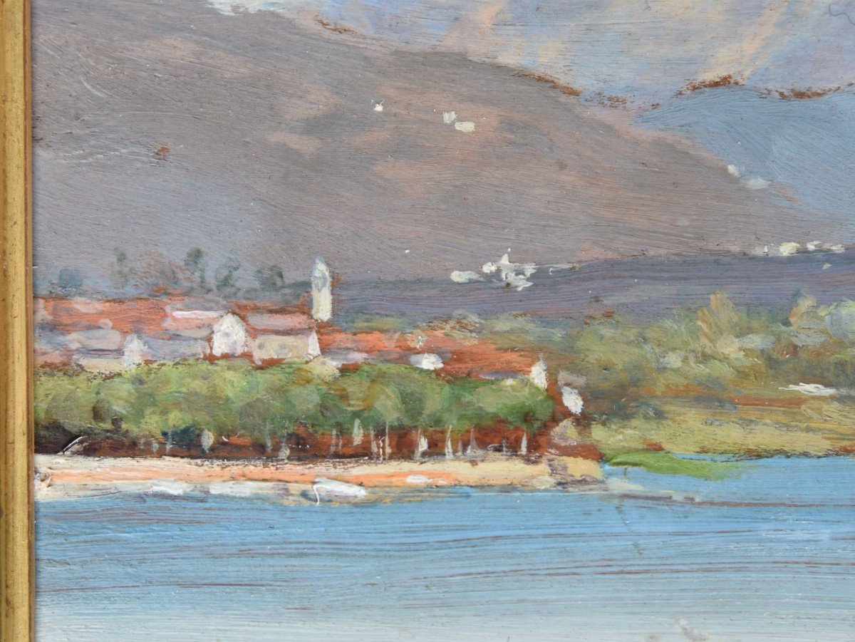 Léopoldo Burlando "lake Como" Oil On Panel 18x31-photo-2